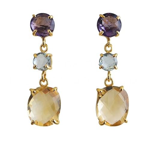 Boucles d'oreilles topaze bleue améthyste citrine argent 925 plaqué or femme