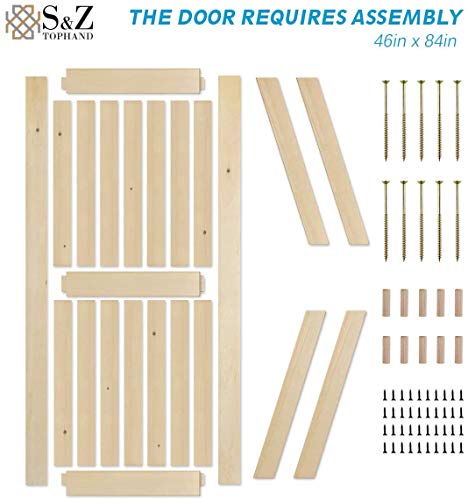 Image of S&Z TOPHAND 48in x 84in Unfinished British Brace Knotty Barn Door with Sliding Hardware Kit /Solid Wood /Sliding Door /Double Surfaces /A Simple Assembly is Required