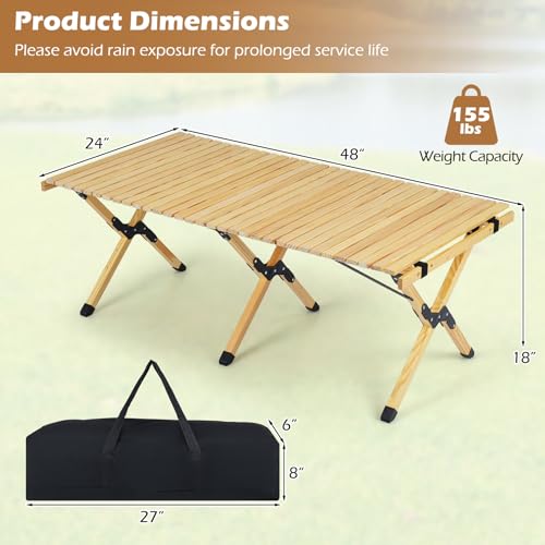 GIANTEX Mesa de Camping Plegable, Mesa de Picnic Portátil de Madera de Pino con Bolsa de Transporte, Mesa Ligera de Baja Altura para Playa, Exterior, Viajes, BBQ, Fácil Montaje, 48" L x 24" W x 18" H miniatura 3