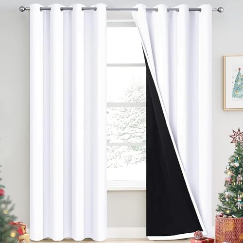 Image of Yakamok Pure White 100% Blackout Curtains 90 Inches Long 52 inch Wide 2 Panel | Blackout Curtain Panels for Bedroom, 2 Thick Layers Grommet Top Thermal Insulated Drapes with Black Liner for Living Room