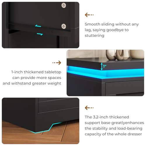 VIAGDO 9 Drawers Black Dresser for Bedroom with LED Lights, Wood Large Bedroom Dressers, Modern 9 Chest of Drawer, Tall Dresser for Closet, Drawer Organizer Cabinet for Living Room, Hallway