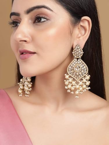 Image of Rubans Chandelier Earrings Kundan Pearl Traditional Jewellery Wedding Festive Gift for Women & Girls