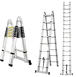 16.5FT Telescopic Aluminum Extension Ladder A-Type Straight Foldable Style Support Bar Lightweight Portable Compact Size Folding Multi-Purpose for Indoor Outdoor Work EN131 Standard 330lb MAX Load