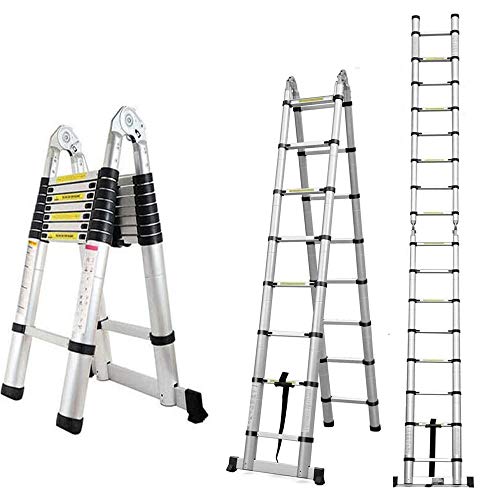 16.5FT Telescopic Aluminum Extension Ladder A-Type Straight Foldable Style Support Bar Lightweight Portable Compact Size Folding Multi-Purpose for Indoor Outdoor Work EN131 Standard 330lb MAX Load