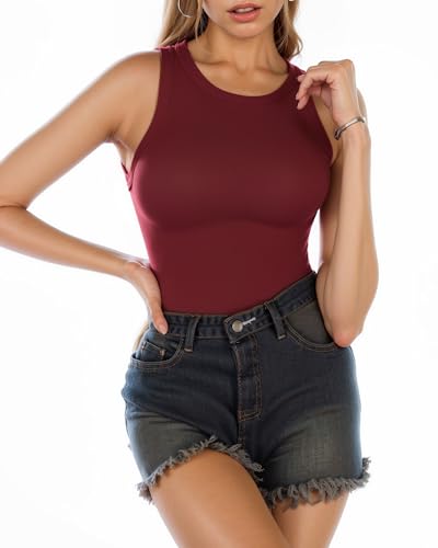 Image of MANGOPOP Tank Top Crewneck Bodysuits for Women Sleeveless Bodysuit Basic, Burgundy, XX-Large