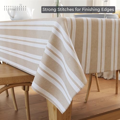 Image of Encasa XO Cotton Rectangular Table Cloth for 4 to 6 Seater | (140x180 cm) | Franca Beige Stripes | Dining Tablecloth for Decoration