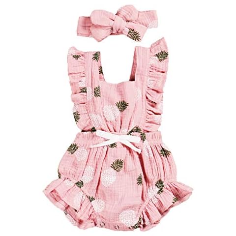ClickMeForMoreProducts Newborn Baby Girl Pineapple Romper Onesies Bubble Ruffle Sleeve Bodysuit with Headband Infant Summer Clothes (6-12months,pink pineapple) Cover