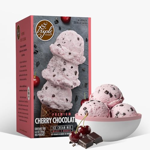 Triple Scoop - Premium Cherry Choc Chip Ice Cream Mix For Ice Cream Maker. Simple, Easy, Delicious. From Gourmet Mix To Maker in 5 Min, Makes 2 Creamy Qrts, Made in USA (1 Pack, Cherry Choc Chip)