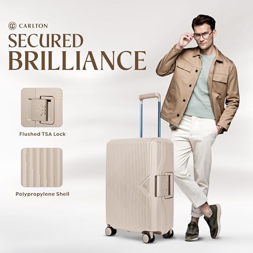 Image of CARLTON Locke Check-in Trolley Bag, 67.5cm | Medium | Hardsided Luggage| Smooth 8-Wheel Suitcase| TSA Lock with Anti Theft Zipper | Multipocket Convipack | 5-Year International Warranty (Beige)