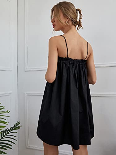Image of OYOANGLE Women's Spaghetti Straps Sleeveless Loose Ruffle A Line Cami Short Dress with Pocket