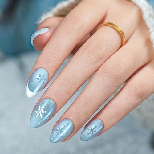 Christmas Press On Nails Almond - Jofay Fashion Blue Aurora Cat E...