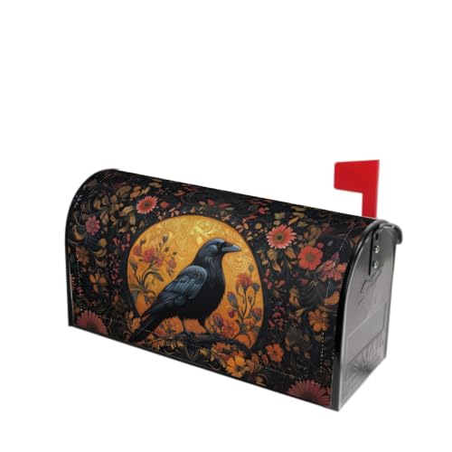 Image of Vintage Crow Magnetic Mailbox Cover Gothic Black Raven Boho Flowers Waterproof Mailbox Wrap Post Cover Large Size 25.5x21 Inch for Garden Yard Outdoor Outside Holiday Decor