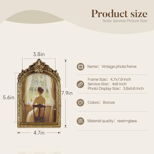 Vintage 4x6 Picture Frame, Gold Ornate Resin Frames with Plexiglass Front for Tabletop and Wall Mounting, Antique Arched Photo Frame for Home Office Decor