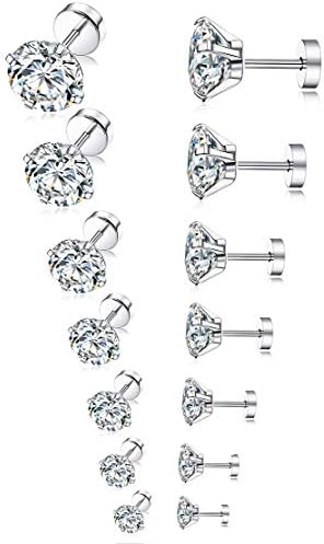 Tornito 7 Pairs 20G Stainless Steel Stud Earrings Round Cubic Zirconia Barbell Earring Set For Men Women 2MM-8MM Silver Tone