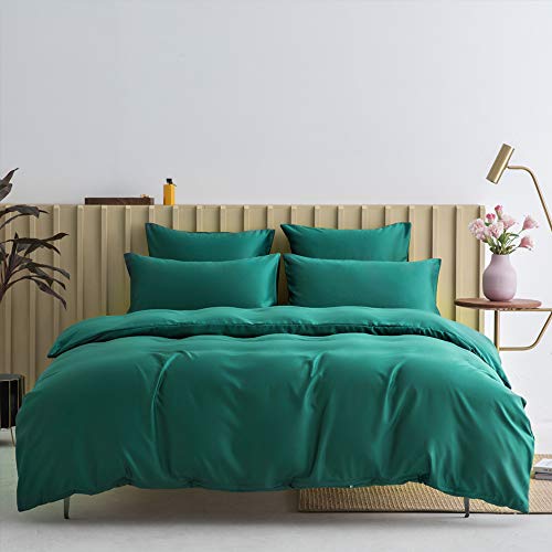 iyoimono Solid Color Queen Duvet Cover Set Dark Green Silky Satin Bedding Set for Kids Childrens Girls Boys Teens Adults Reversible Quilt Comforter Cover and 2 Pillow Shams