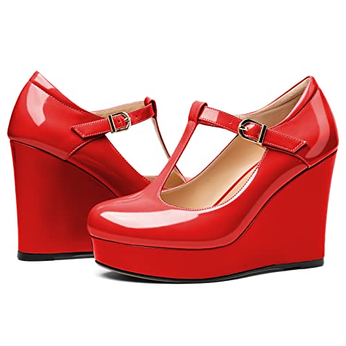 Soireelady Women's Wedges Heel Pumps Closed Round Toe Platform Heels T-Strap Buckle Wedges Platform High Heel Pump Shoes Dress Wedding Party Pumps 4Inch4