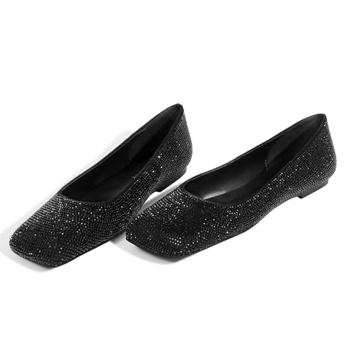 Image of Flats for Women Rhinestone Square Toe Glitter Sparkly Comfortable Dress Bridal Ladies Wedding Shoes