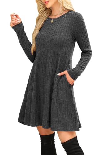Image of OFEEFAN Long Sleeve Dress for Women Crew Neck Empire Waist Tunic Dress with Pockets