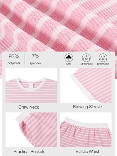 Image of Girls Summer Outfits Striped T-Shirt & Shorts Set for 5-14Y | Kids 2 Piece Clothing, Breathable Textured Tops and Bottoms with Pockets, Great for Casual Wear, School, Sports or Vacation