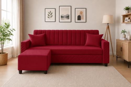 Image of 3 Seater Velvet Sofa with Ottoman | Modern Upholstered Couch | Quilted Design | Soft Comfortable Seating | Sturdy Wooden Frame | Living Room, Office - Red