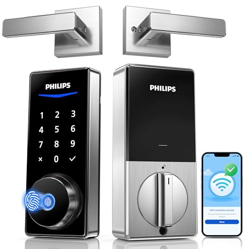 Image of Philips Wi-Fi Smart Lock with Handles, Built-in WiFi Keyless Entry Front Door Lock Set, Keypad Deadbolt with Handle, App Fingerprint Code Unlock, Auto Locking, Remote Control & Voice Unlock, Nickel
