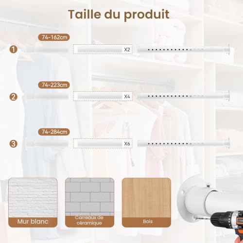 Tringle à vêtements murale blanche extensible pour optimiser une petite chambre