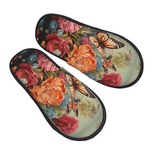 Flowers and Butterfly printing Fall Winter Fuzzy Slippers Comfy House Shoes,Portable for Hotel Travel Gifts for Women and Men