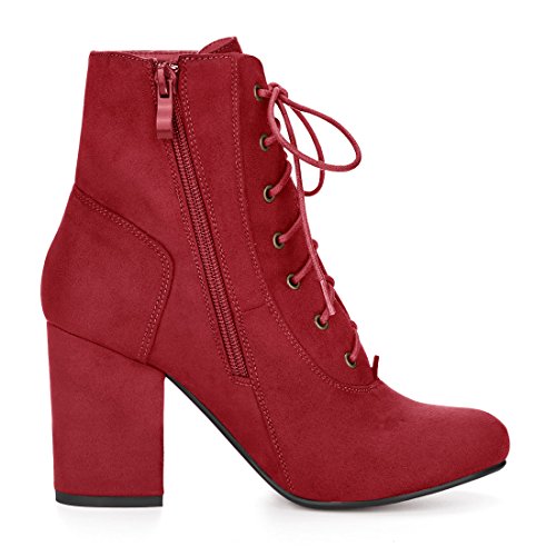Allegra K Women Round Toe Chunky High Heel Lace Up Red Booties 7 M US