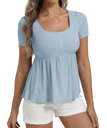 Image of Belle Poque Women's Summer Cute Tops Short Sleeve Babydoll Peplum Top 2026 Square Neck Casual Shirts Teen Top Tee