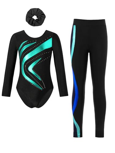 Sinleey 3 Teiliges Gymnastikset Langarm Gymnastikanzug Turnanzug mit Hose Leggings und Haarband Sportanzug Tanz Eiskunstlauf C Blau Grün 134-140