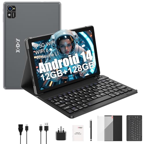 Xgody Tablet 10 Inch Android 14, 128GB ROM(1TB Expansion)+12GB RAM, Octa-Core, 2.4G/5G WIFI, HD IPS Touch Screen, 7000mAh, 5MP+13MP Dual Camera with Keyboard, Stylus, Case (Dark Gray)