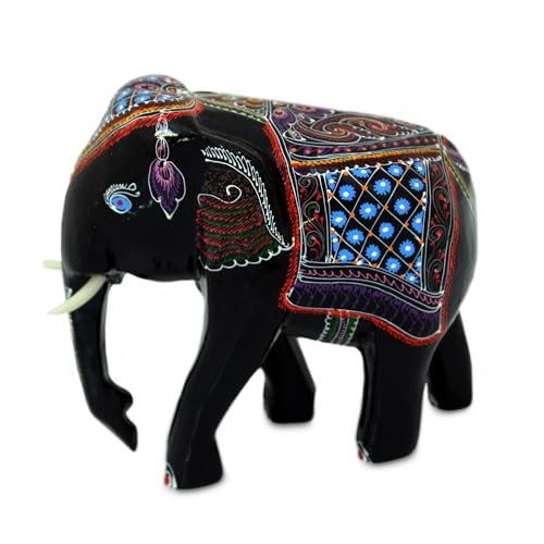 NOVICA Handmade Artisan Lacquered Wood Figurines Young Thai Elephant Black