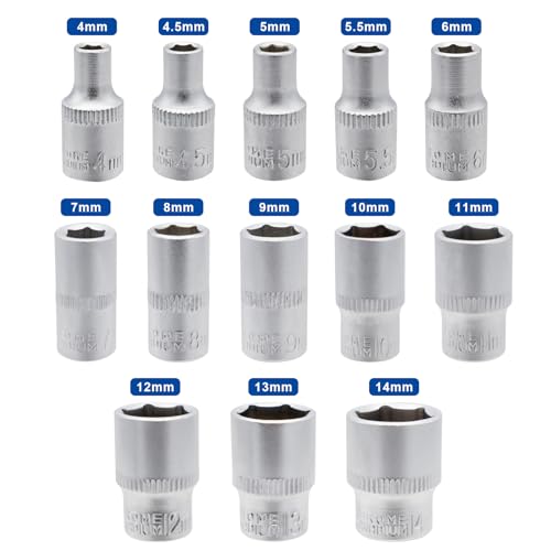 DAKCOS 13PCS Hex Socket Set, 1/4" Drive Metric Socket Set, 4-14mm Sockets with Metal Rail, CR-V, 25mm Long - Image 3