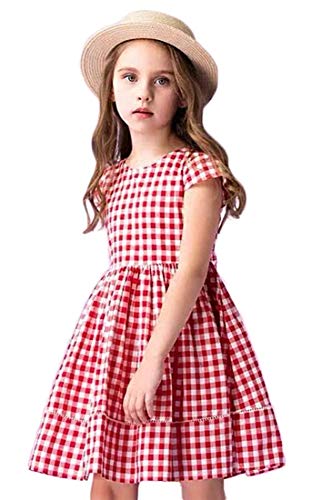 Little Girl Short Sleeve Plaid Dress Summer Party Cotton Casual Red Check Swing Dress with Belt Size 7T