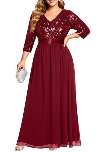Talisea Damenkleid, Übergröße, V-Ausschnitt, 3/4-Ärmel, Pailletten, Abschlussball, Abendkleid, langes Maxikleid, Burgunder, 48 Mehr