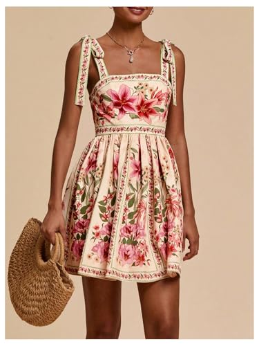 Image of OYOANGLE Women's Boho Dress Floral Tropical Vacation Dress Sleeveless Tie Shoulder Summer Flowy Mini Dress Sundress