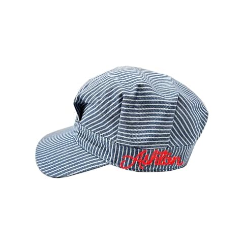 A Dash of Chic Kids Personalized Train Conductor Hat, Adjustable, White Blue Striped, Deluxe Locomotive Engineer Cap Cover