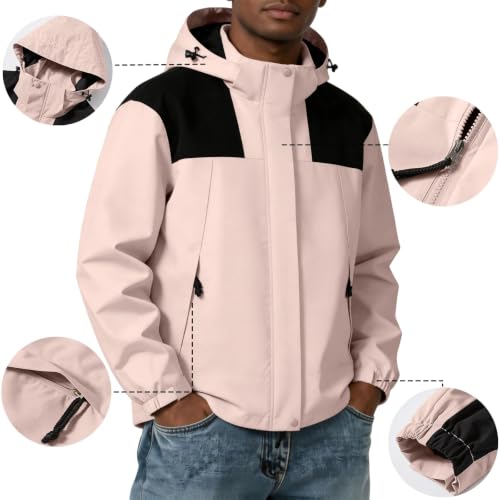 Image of Color Block Waterproof Hooded For Men Rain Shell Jacket Windproof Coat With Adjustable Drawcord Hood & Velcro Cuffs Packable Zip Up Hiking Camping And Fishing Outdoor Activities Pink L