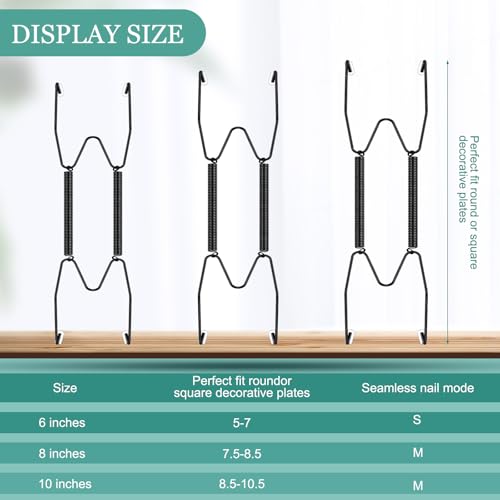 Image of Hotop 12 Pieces Plate Hangers for Wall Stainless Steel Wire Invisible Heavy Duty Plate Hangers Display Holders with 12 Pieces Hooks for Wall Decorative(6 /8 /10 Inch,Black)