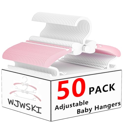 Image of Baby Clothes Hangers, 11-14.5" Adjustable Kid Hangers for Newborn Closet, Plastic Small Infant Hanger for Toddler Pant, Child Coat Hanger for Boy Nursery Clothing, Girl Dresses, 50 Pack