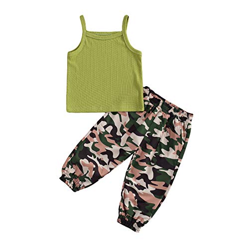 Toddler Kids Baby Girls Summer Outfits Letter Printed Halter Neck Sleeveless Top Camouflage Pants 2Pcs Clothes Set 1-6Y (Green, 3-4 Years)