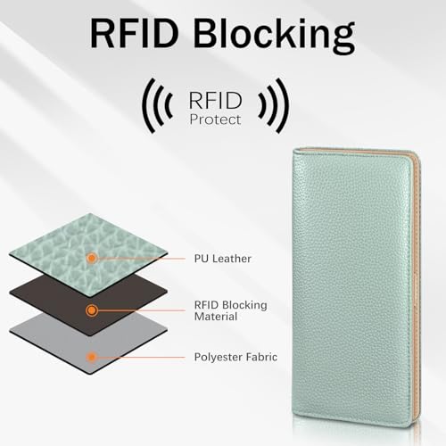 Image of Immaturus Womens Wallet, Sage Green Slim Thin RFID Blocking Card Wallets, Bifold PU Leather Credit Card Holder Organizer, Cute Cash Clutch Long Billfold with Zipper Coin Pocket Ladies Girls Gift