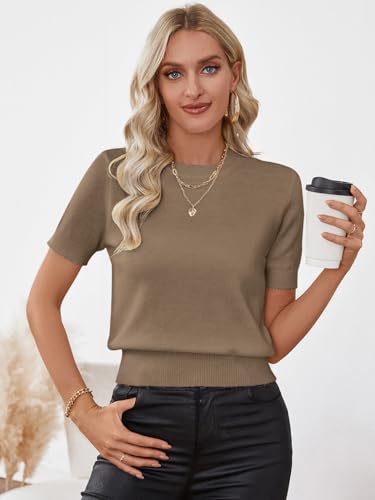 Image of Libsorge Womens Lightweight Slim Fit Short Sleeve Sweaters Spring Summer 2025 Clothing Trendy Business Casual Dressy Teacher Outfits Cropped Ribbed Knit Crew Neck Sheer T Shirt Top Coffee Brown XS