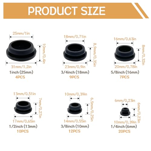 Image of 62PCS 6 Sizes Black Rubber Plugs for Round Holes Silicone Plugs, 1 inch 3 /4 inch 5 /8 inch 1 /2 inch 3 /8 inch 1 /4 inch Round Hole Plug Snap Locking, Used for Furniture DD036-b