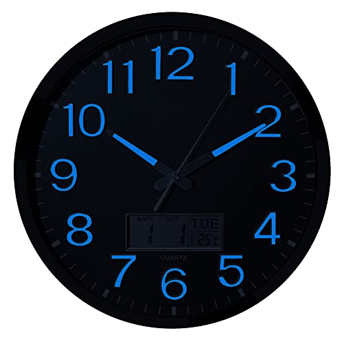 Luminous Wall Clock - 14â€™â€™ Extra Large Wall Clocks with Glowing Function LCD Display - Silent Movement for Kitchen Bedroom - Digital Wall Clocks Display Date Week Temp - Battery Operated (Blue Light)