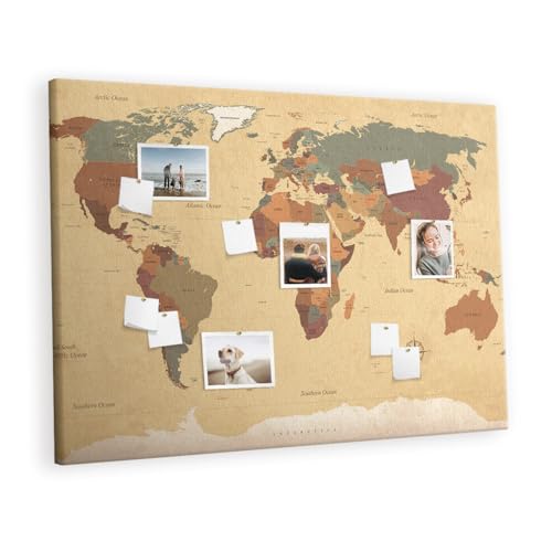 Tableau mural polyvalent en liège naturel et bois 140x100 cm avec carte du monde ancienne