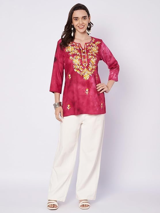 Embroidered Short Kurti for Women on Jeans, V-Neck, 3/4 Sleeve, Floral Design, Kashmiri Tunic Top - Image 7