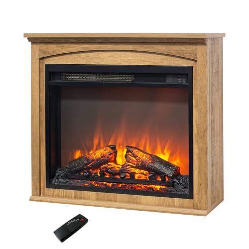 Innoflame 28" Electric Fireplace with Mantel, Freestanding Electric Fireplace w/Realistic Flame & Logs, Remote Control, Timer, Adjustable 4 Flame Brightness, Indoor Fireplace for Living Room, 1400W