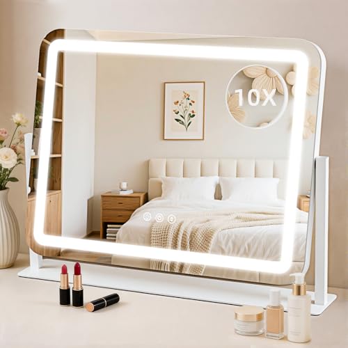 Vanity Mirror with Lights 22"x17", Lighted Makeup Mirror with 10X Magnification 4.5", 3 Color Dimmble Lights, Touch Control, 360° Rotation, Metal Frame, Women's Gift, For Bedroom/Dressing Room, White