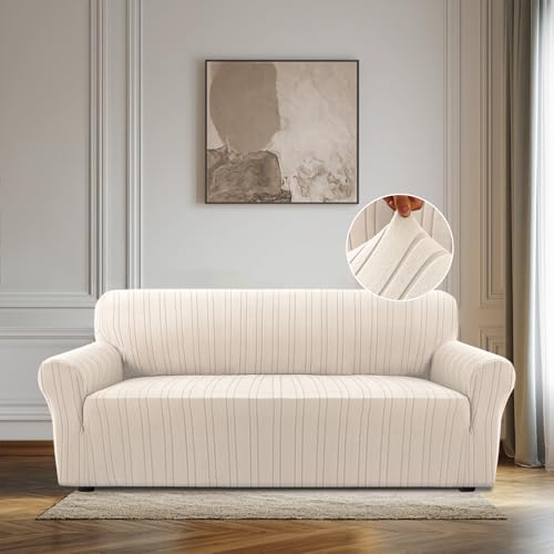 BellaHills High Stretch Sofa Cover 3 Seater Sofa Covers Pets Dogs Friendly Non Slip Sofa Slipcovers for Living Room Couch Covers Washable Furniture Protectors (3 Seater, Natural)